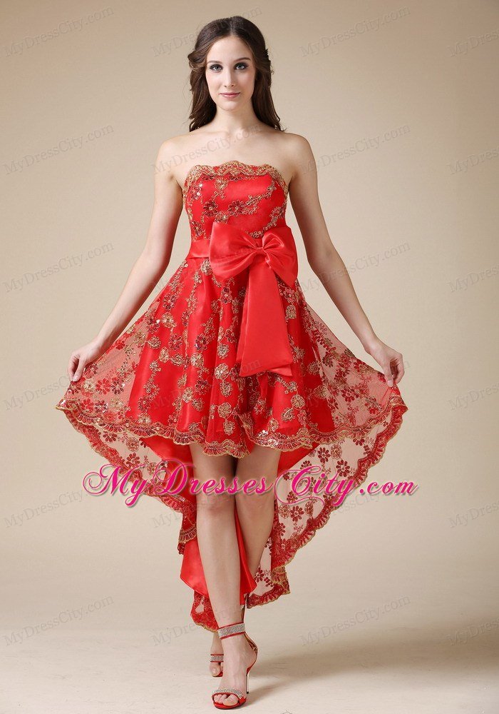 2013 Discount Red High-low Strapless Lace Cocktail Dress with Bow