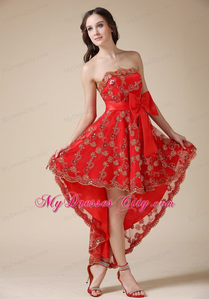 2013 Discount Red High-low Strapless Lace Cocktail Dress with Bow