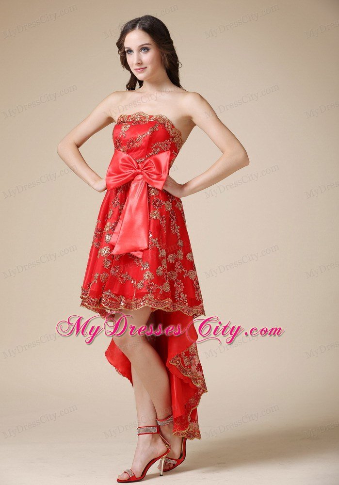 2013 Discount Red High-low Strapless Lace Cocktail Dress with Bow