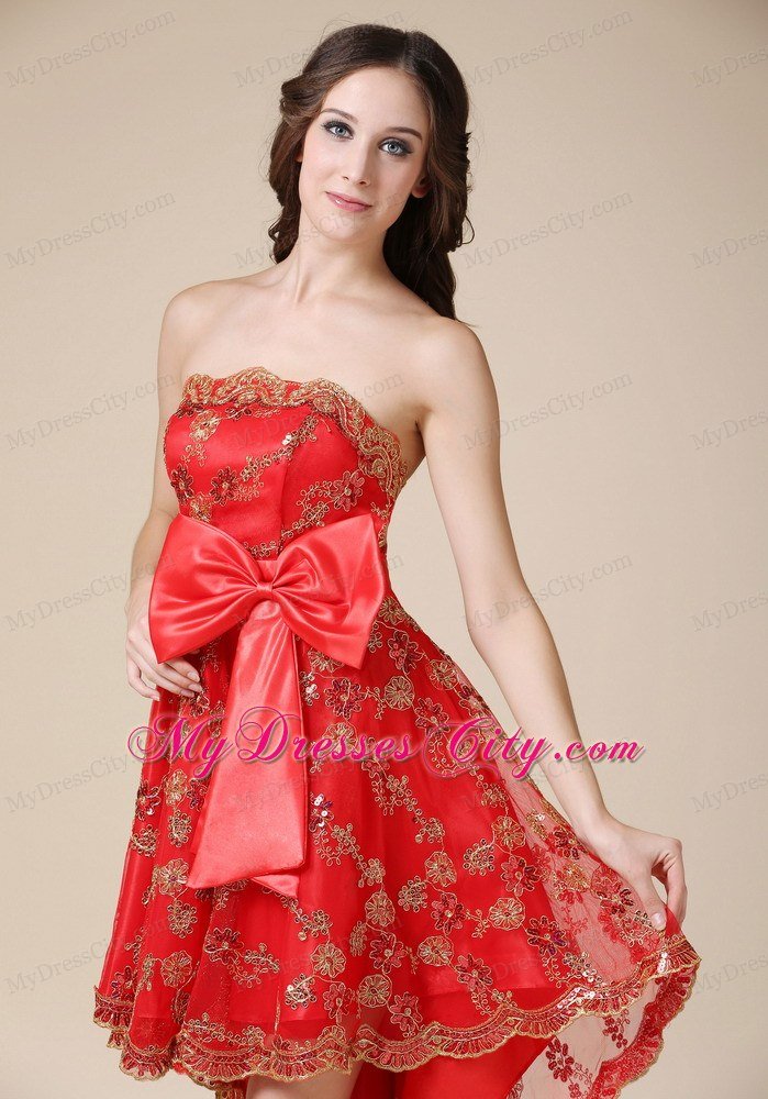 2013 Discount Red High-low Strapless Lace Cocktail Dress with Bow