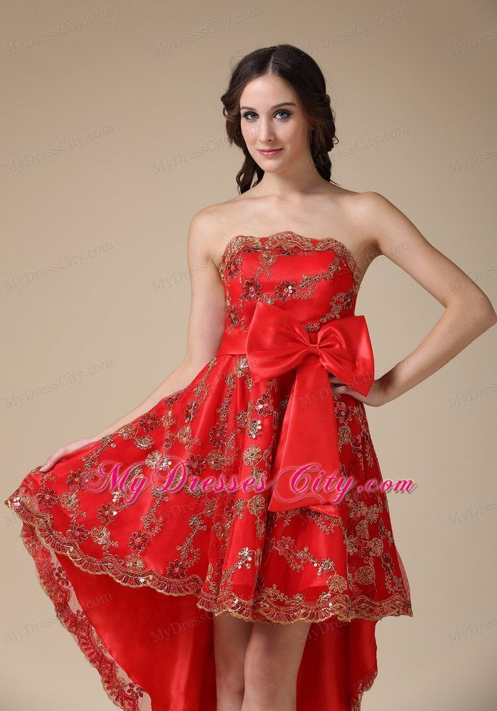 2013 Discount Red High-low Strapless Lace Cocktail Dress with Bow