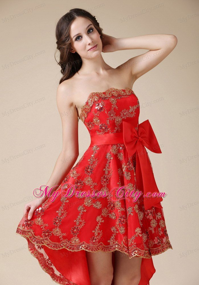 2013 Discount Red High-low Strapless Lace Cocktail Dress with Bow