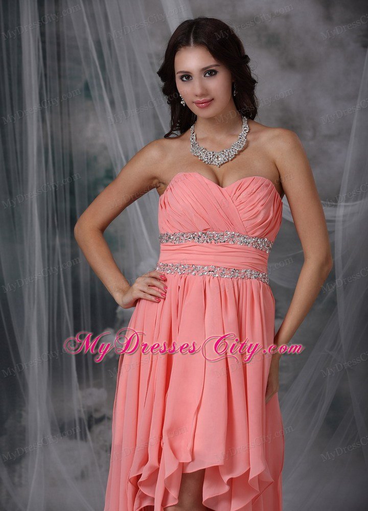 High-low Beaded Peach Red Column Sweetheart Prom Dress