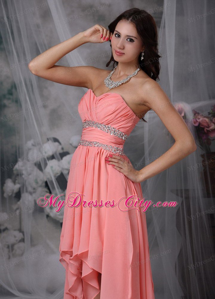 High-low Beaded Peach Red Column Sweetheart Prom Dress