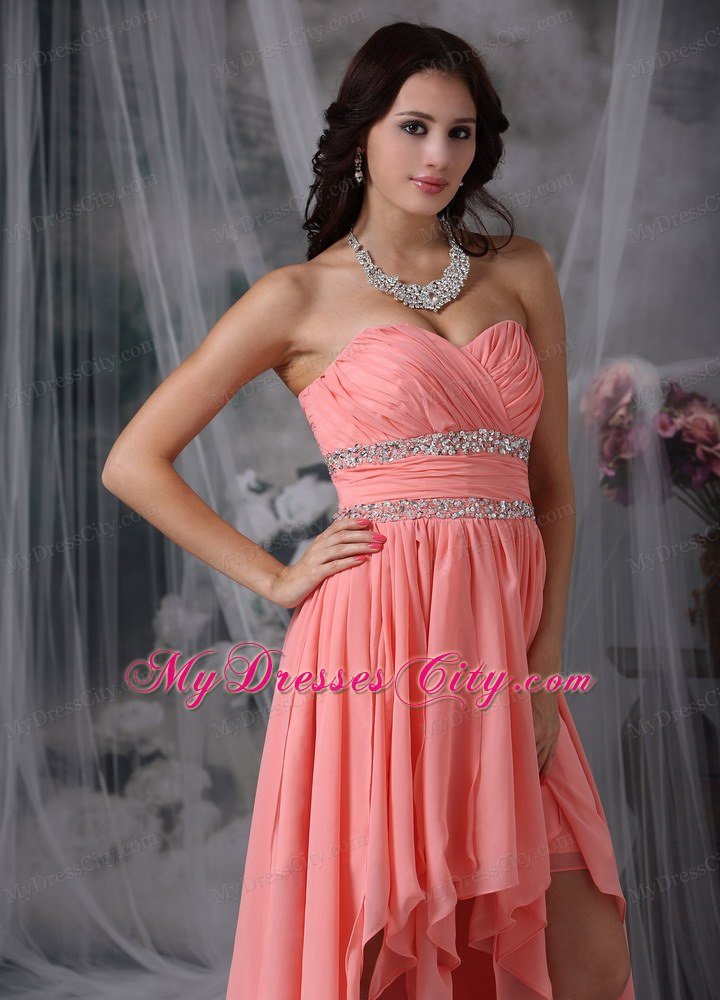 High-low Beaded Peach Red Column Sweetheart Prom Dress