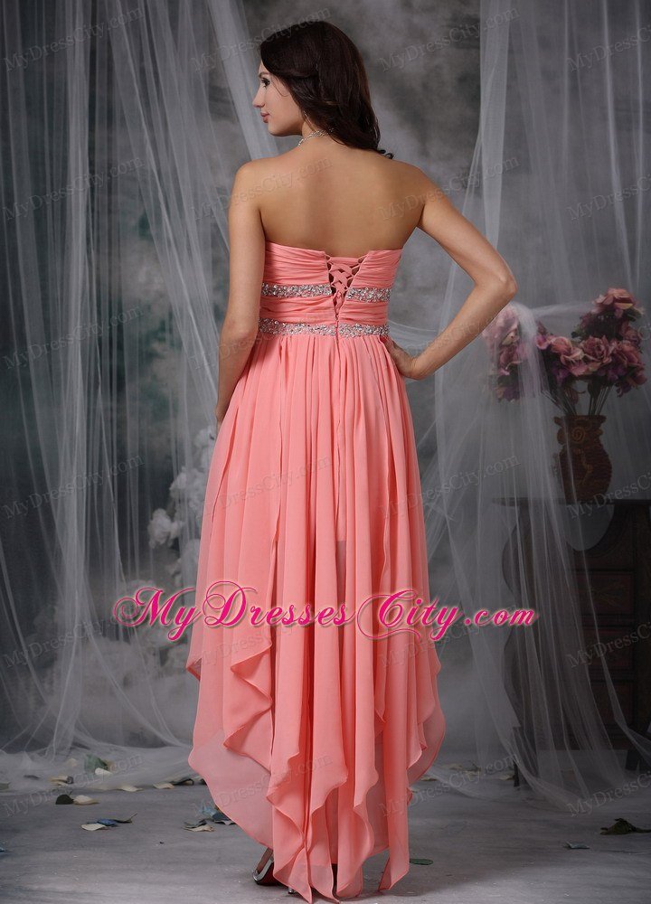 High-low Beaded Peach Red Column Sweetheart Prom Dress