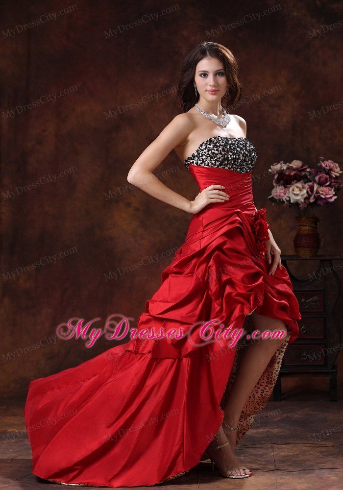 Red Leopard Beaded Bust High-low Prom Dress with Flowers