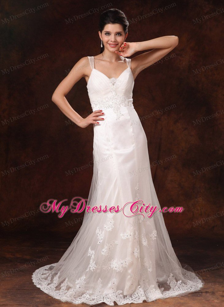 Straps Lace Appliques Slinky Court Train Summer Wedding Dress