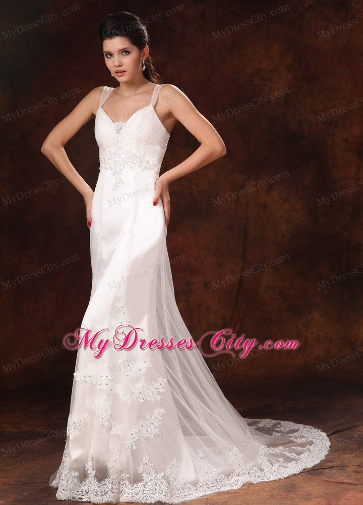 Straps Lace Appliques Slinky Court Train Summer Wedding Dress