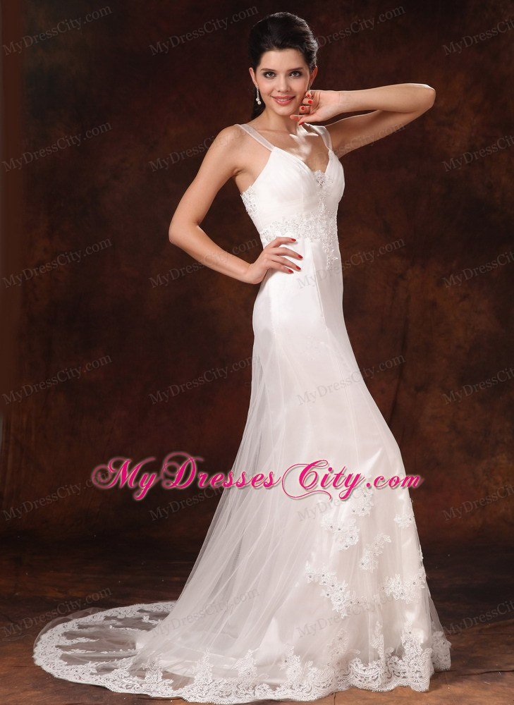 Straps Lace Appliques Slinky Court Train Summer Wedding Dress