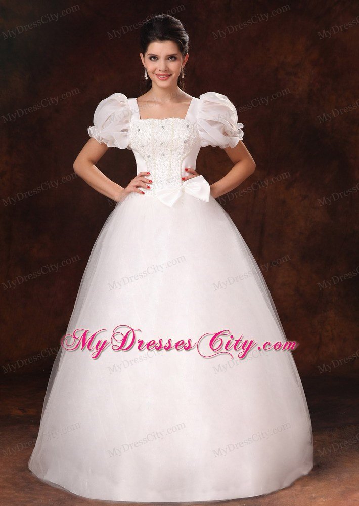 Bubble Sleeves Square Neck A-Line Wedding Dress with Bowknot