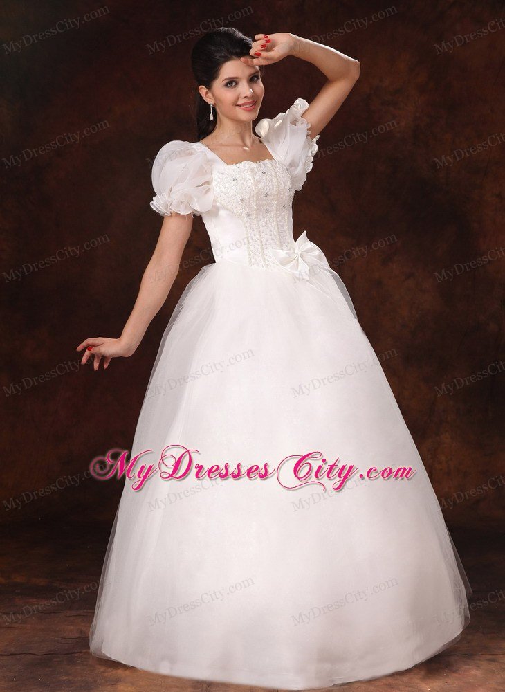 Bubble Sleeves Square Neck A-Line Wedding Dress with Bowknot