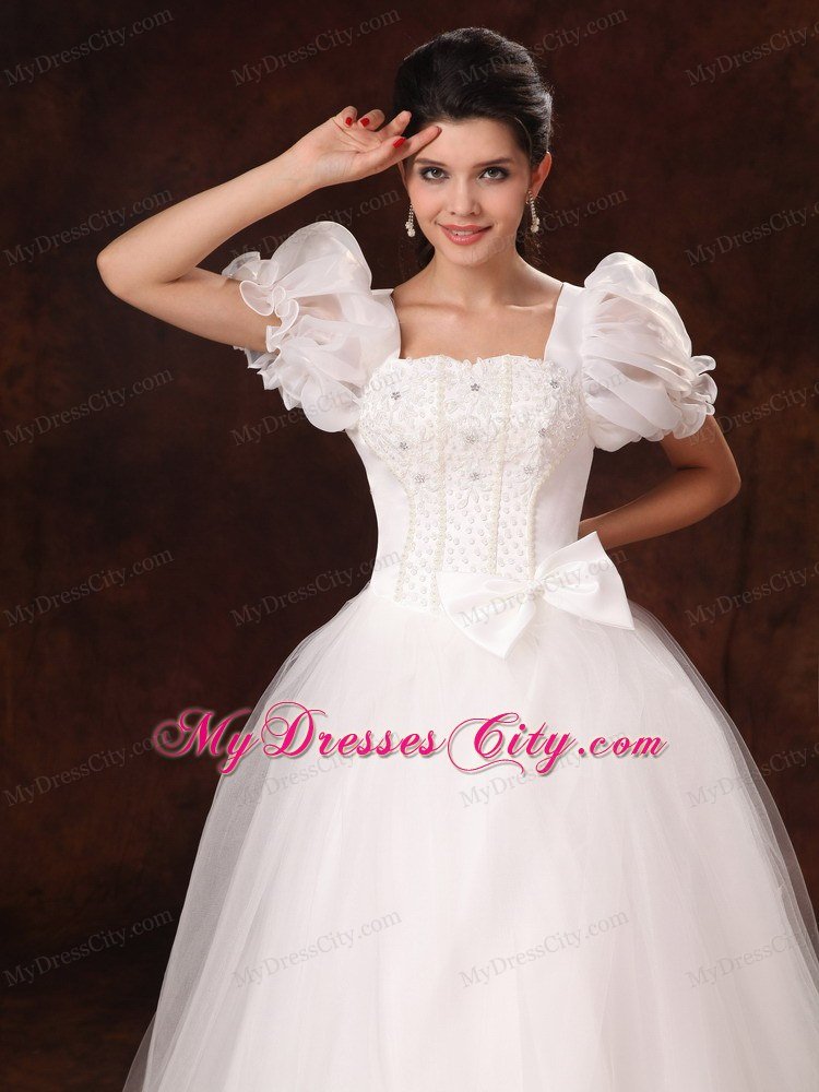 Bubble Sleeves Square Neck A-Line Wedding Dress with Bowknot