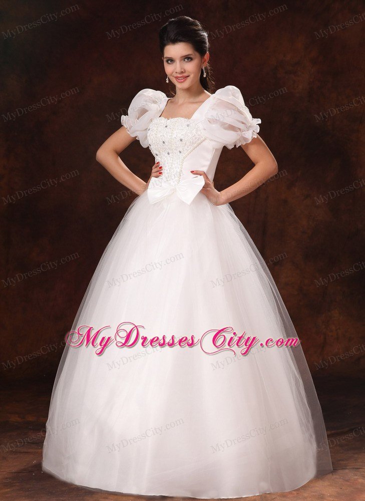 Bubble Sleeves Square Neck A-Line Wedding Dress with Bowknot