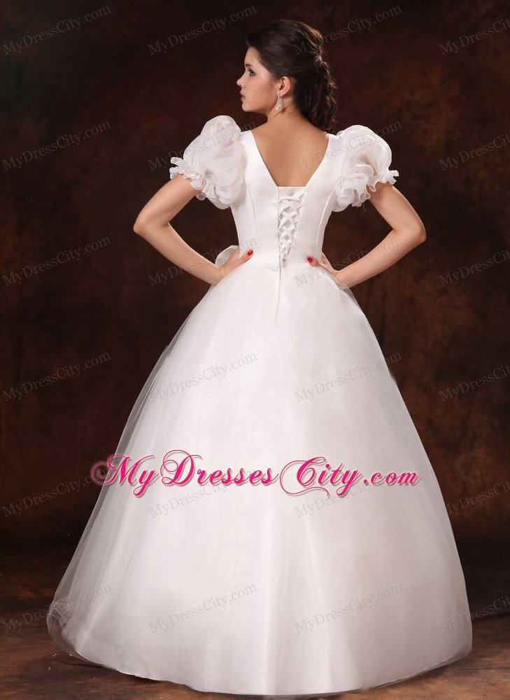 Bubble Sleeves Square Neck A-Line Wedding Dress with Bowknot