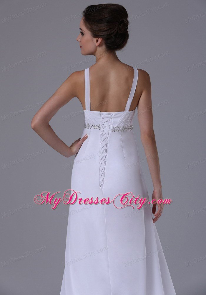 Beaded Waist Empire Chiffon Straps Wedding Dress with Lace-up