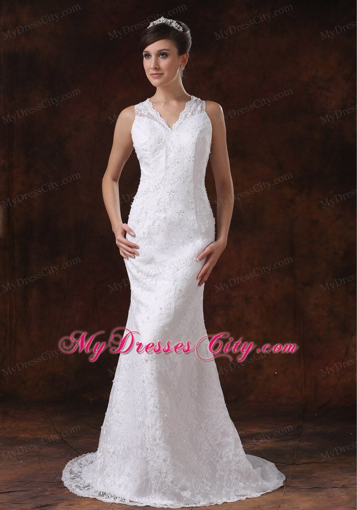 Lace V-Neck Trumpet Sweep Train Wedding Anniversary Dress