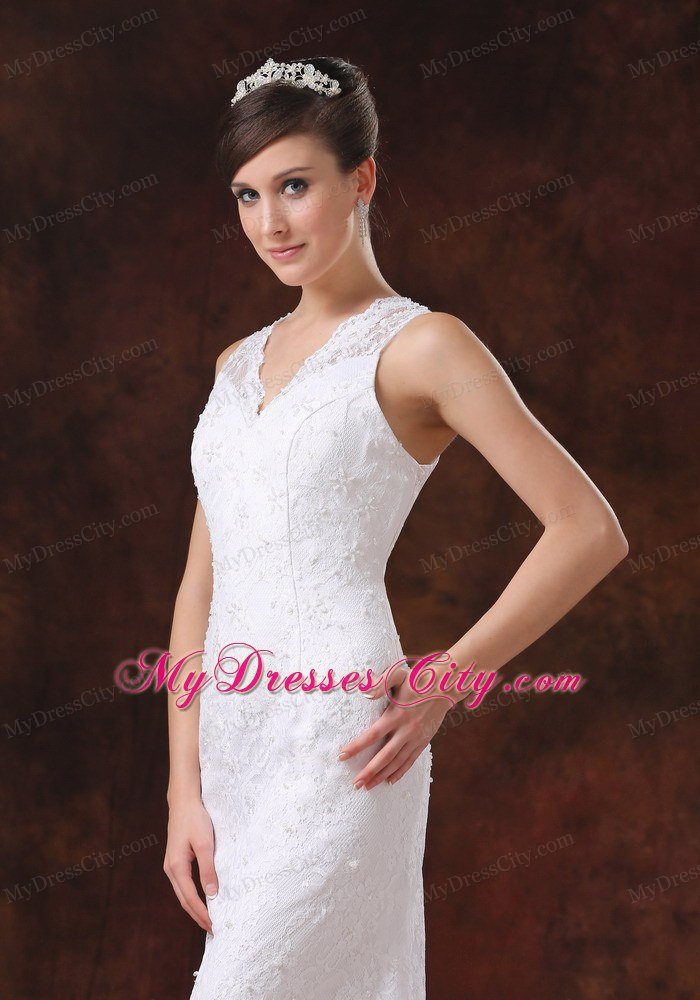 Lace V-Neck Trumpet Sweep Train Wedding Anniversary Dress