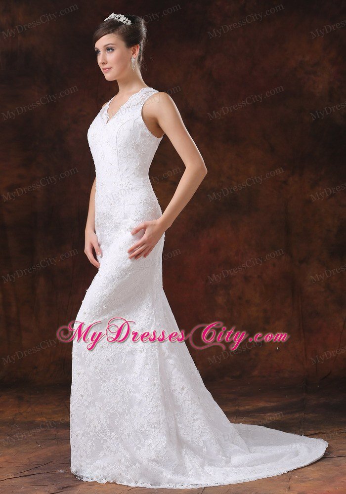 Lace V-Neck Trumpet Sweep Train Wedding Anniversary Dress