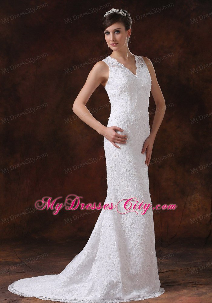 Lace V-Neck Trumpet Sweep Train Wedding Anniversary Dress