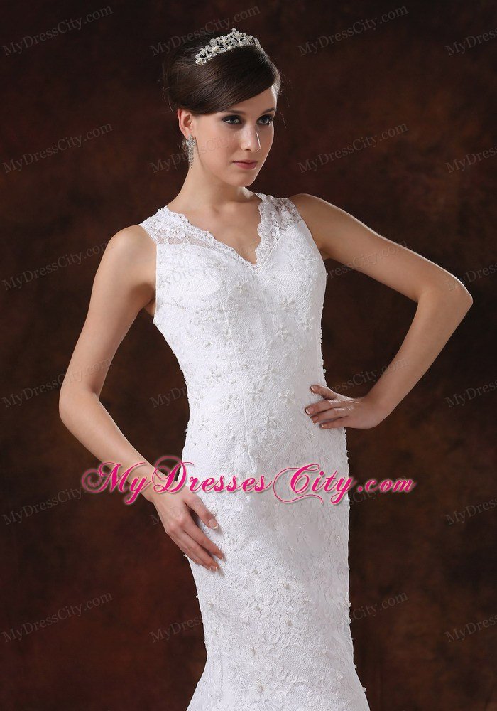 Lace V-Neck Trumpet Sweep Train Wedding Anniversary Dress