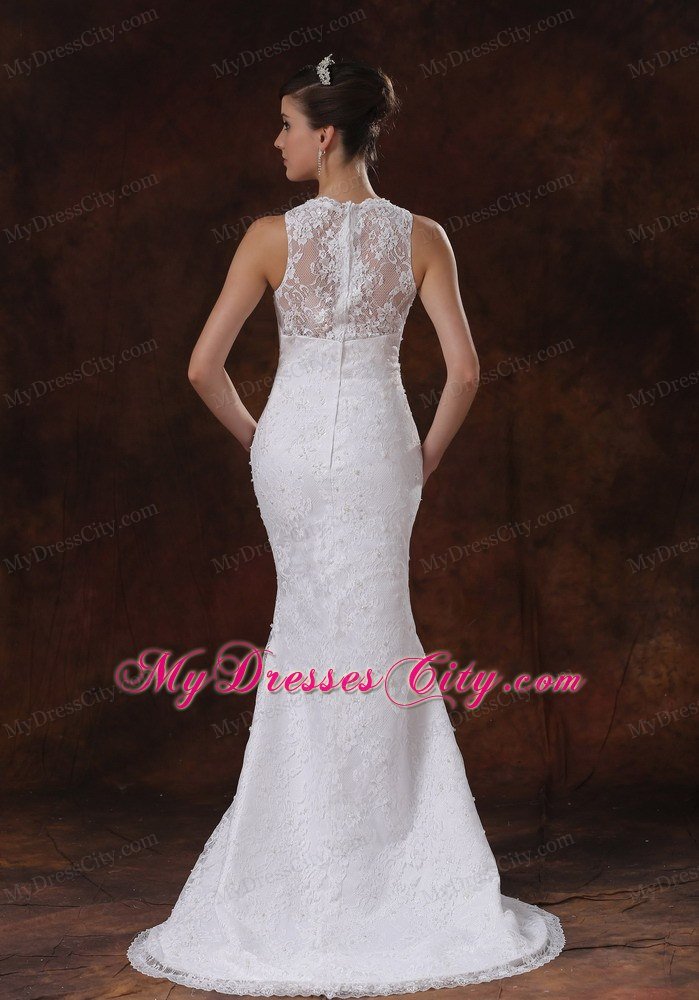 Lace V-Neck Trumpet Sweep Train Wedding Anniversary Dress