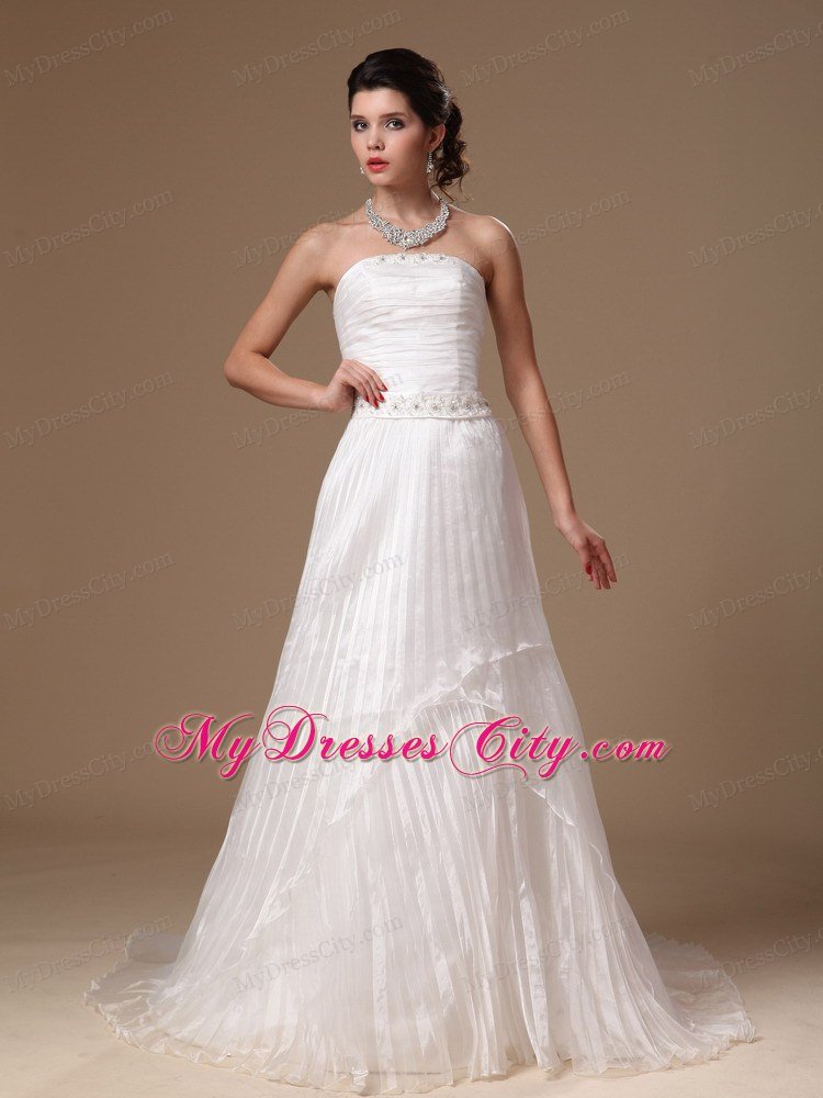 Strapless Beaded Waist A-line Pleated Court Train Bridal Gown