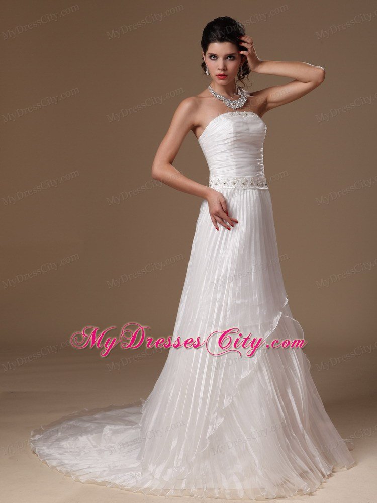 Strapless Beaded Waist A-line Pleated Court Train Bridal Gown