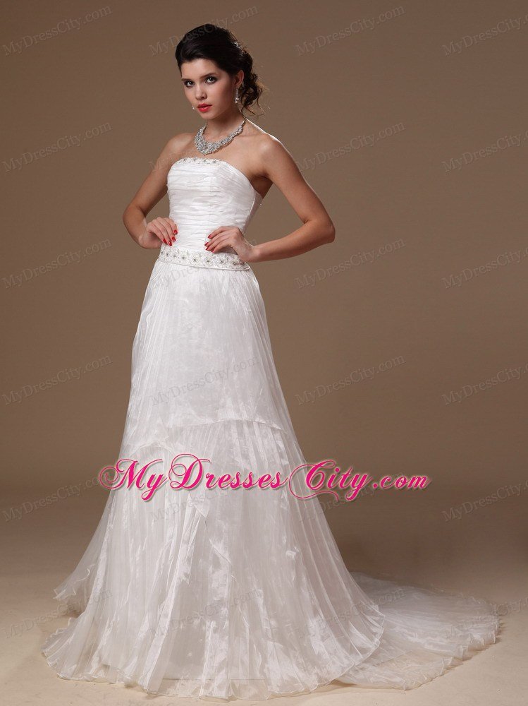 Strapless Beaded Waist A-line Pleated Court Train Bridal Gown