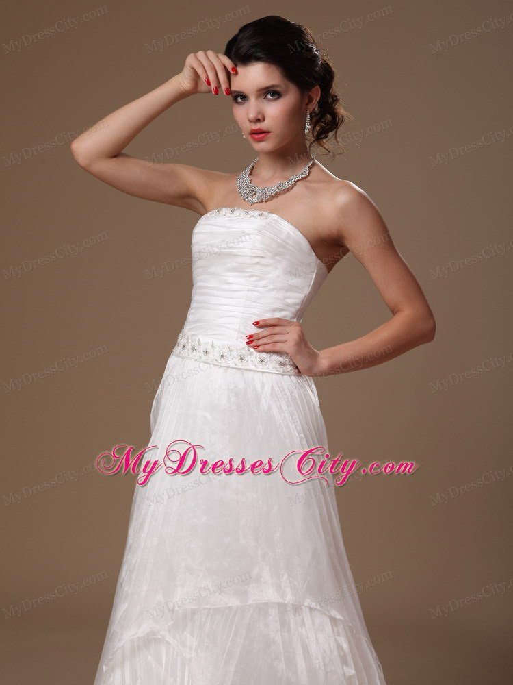 Strapless Beaded Waist A-line Pleated Court Train Bridal Gown