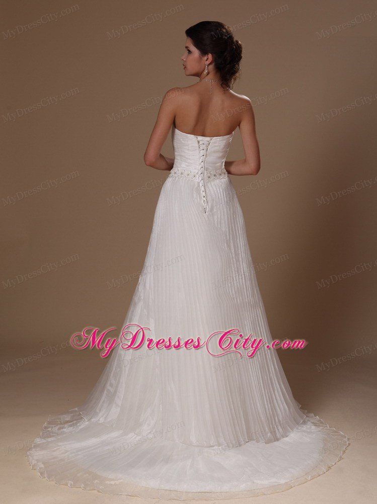 Strapless Beaded Waist A-line Pleated Court Train Bridal Gown