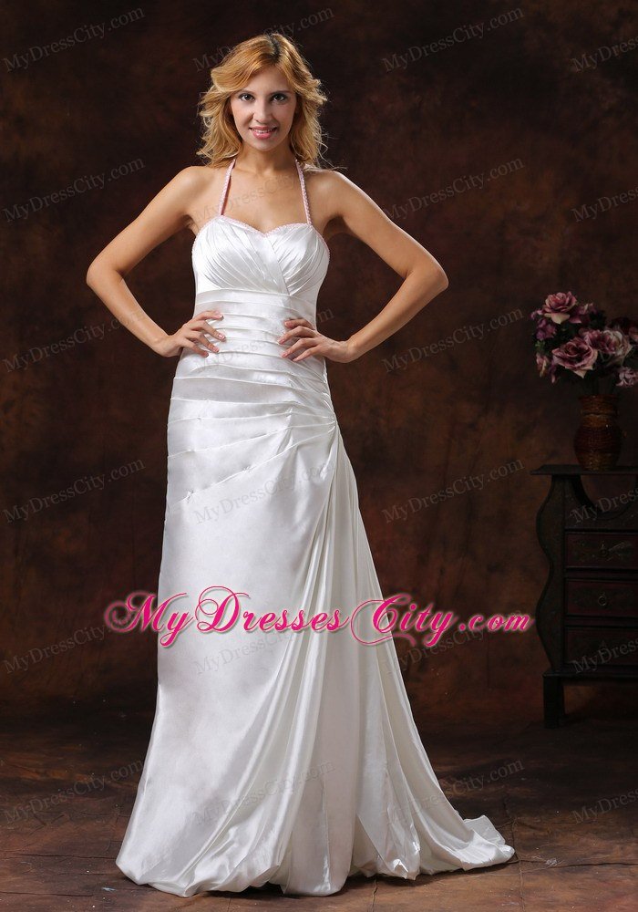 Pink Beaded Halter Neck Ivory Wedding Dress with Brush Train