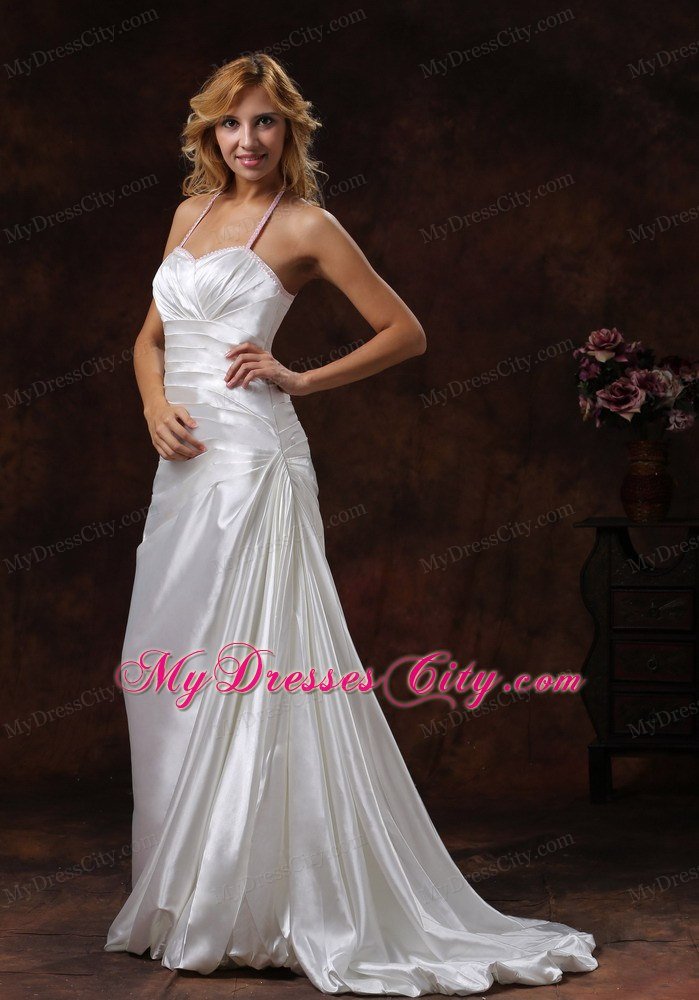 Pink Beaded Halter Neck Ivory Wedding Dress with Brush Train