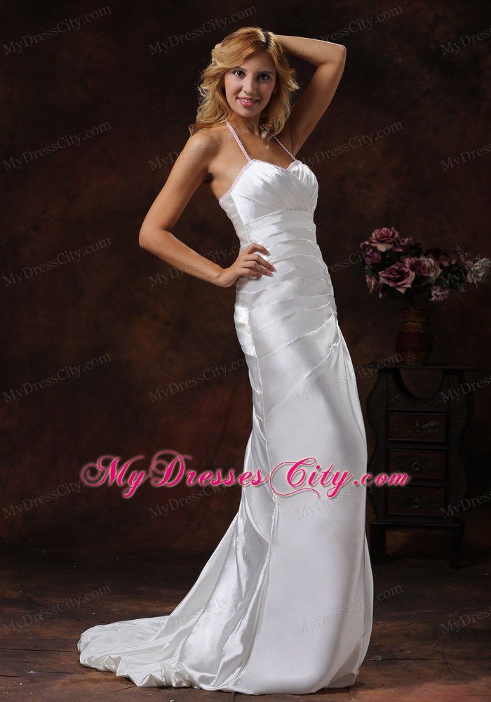 Pink Beaded Halter Neck Ivory Wedding Dress with Brush Train