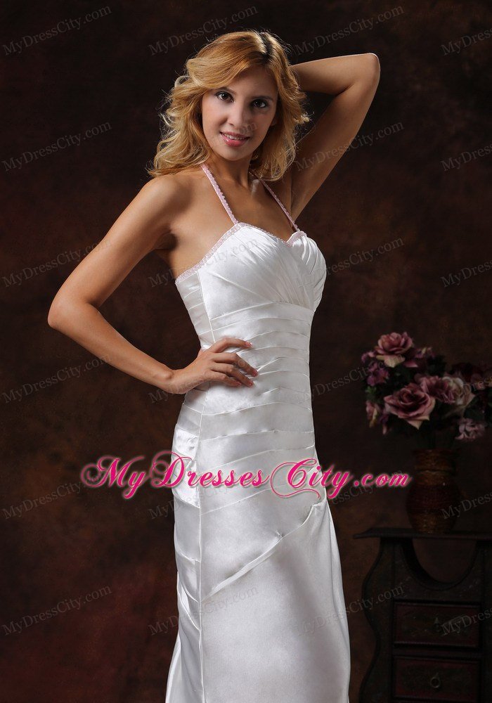 Pink Beaded Halter Neck Ivory Wedding Dress with Brush Train