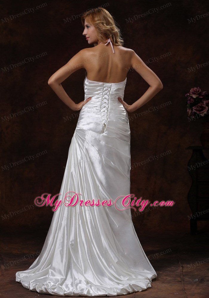 Pink Beaded Halter Neck Ivory Wedding Dress with Brush Train