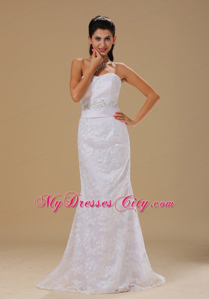 Strapless Column Lace Over Skirt Beaded Waist Wedding Dress