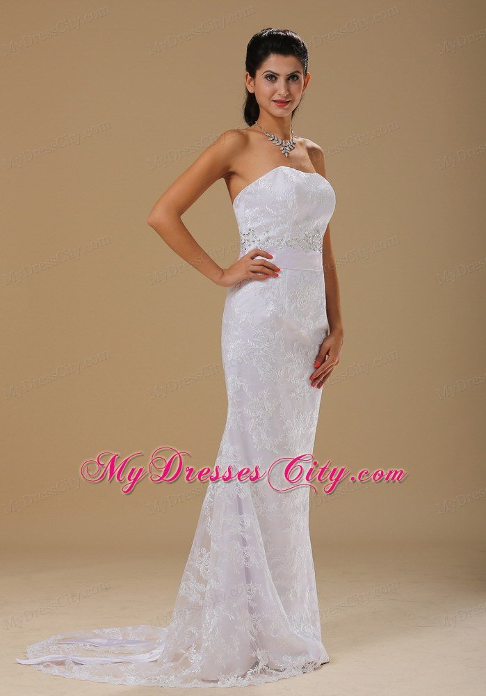 Strapless Column Lace Over Skirt Beaded Waist Wedding Dress