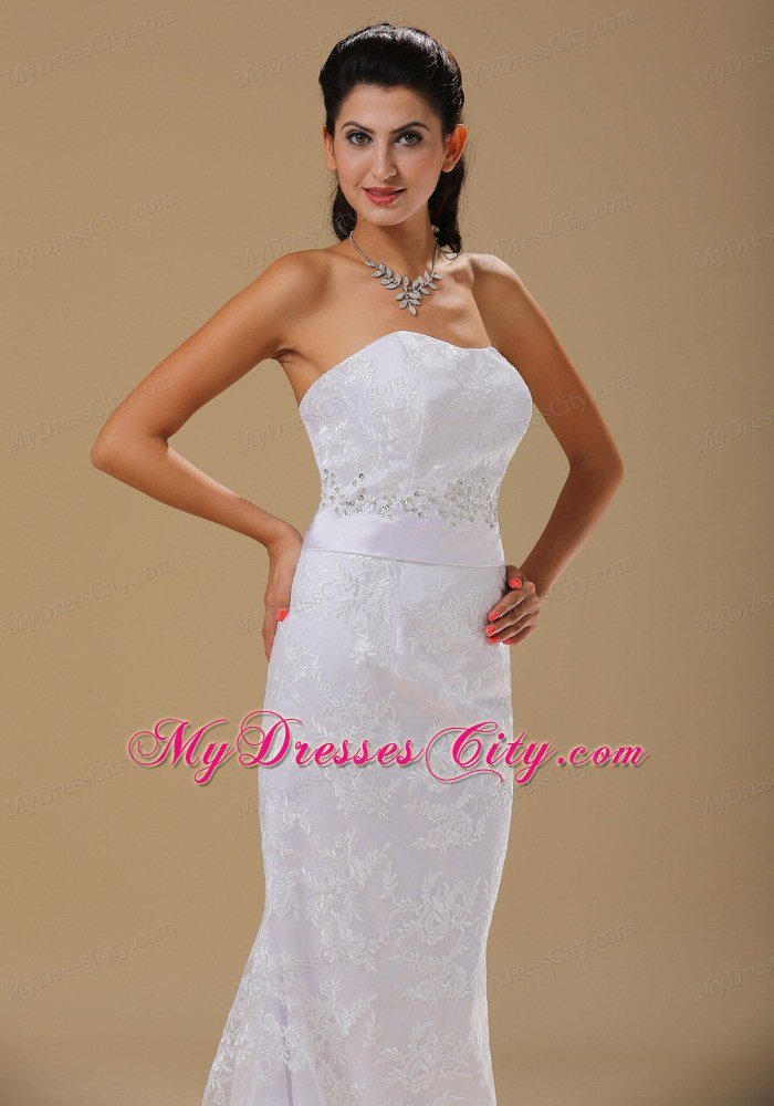 Strapless Column Lace Over Skirt Beaded Waist Wedding Dress