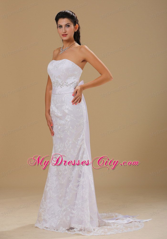 Strapless Column Lace Over Skirt Beaded Waist Wedding Dress