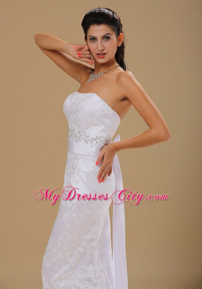 Strapless Column Lace Over Skirt Beaded Waist Wedding Dress