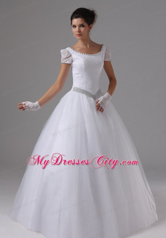 Short Sleeves Ball Gown Lace Scoop Neck Beaded Wedding Dress