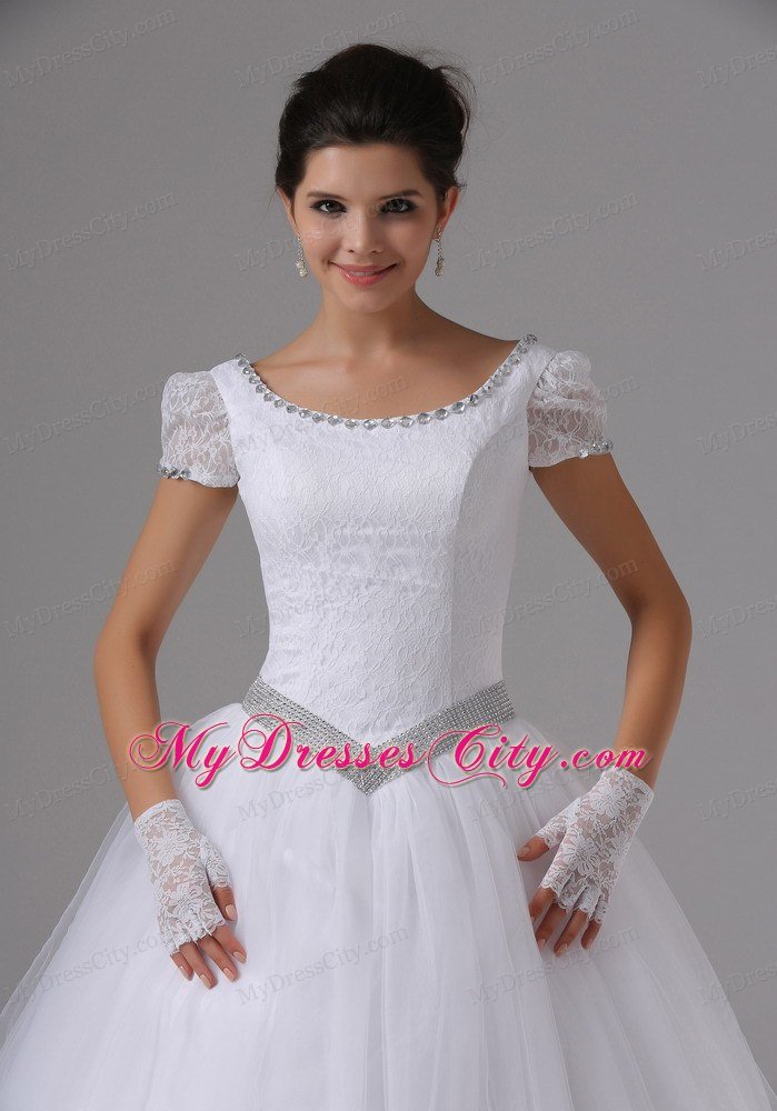 Short Sleeves Ball Gown Lace Scoop Neck Beaded Wedding Dress