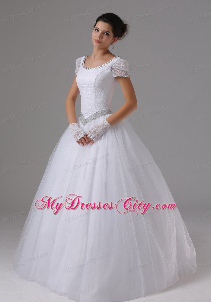 Short Sleeves Ball Gown Lace Scoop Neck Beaded Wedding Dress