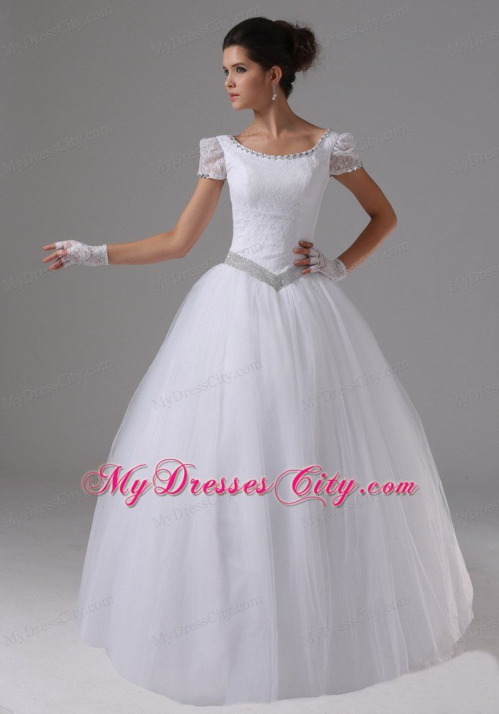 Short Sleeves Ball Gown Lace Scoop Neck Beaded Wedding Dress