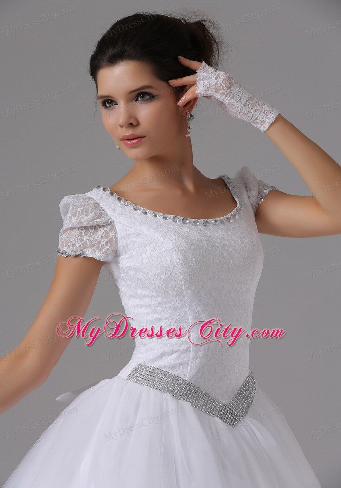 Short Sleeves Ball Gown Lace Scoop Neck Beaded Wedding Dress