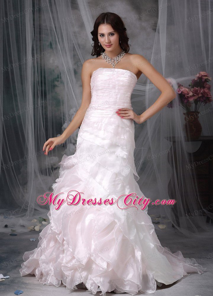 Cute A-line Strapless Brush Train Ruffled Pink Wedding Dress