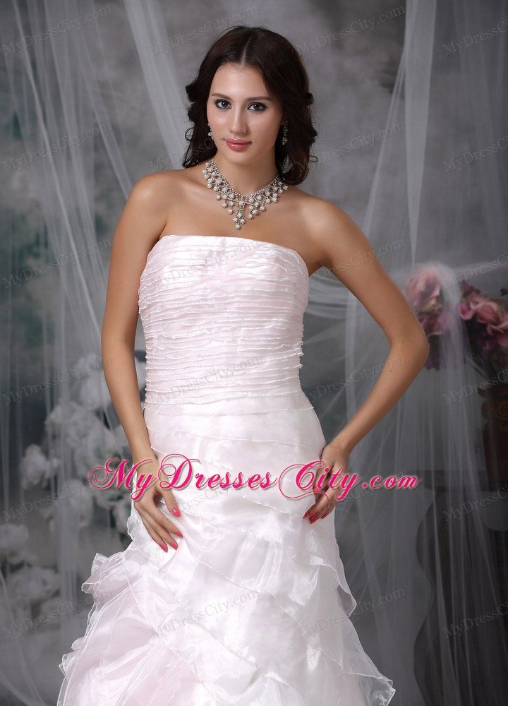 Cute A-line Strapless Brush Train Ruffled Pink Wedding Dress