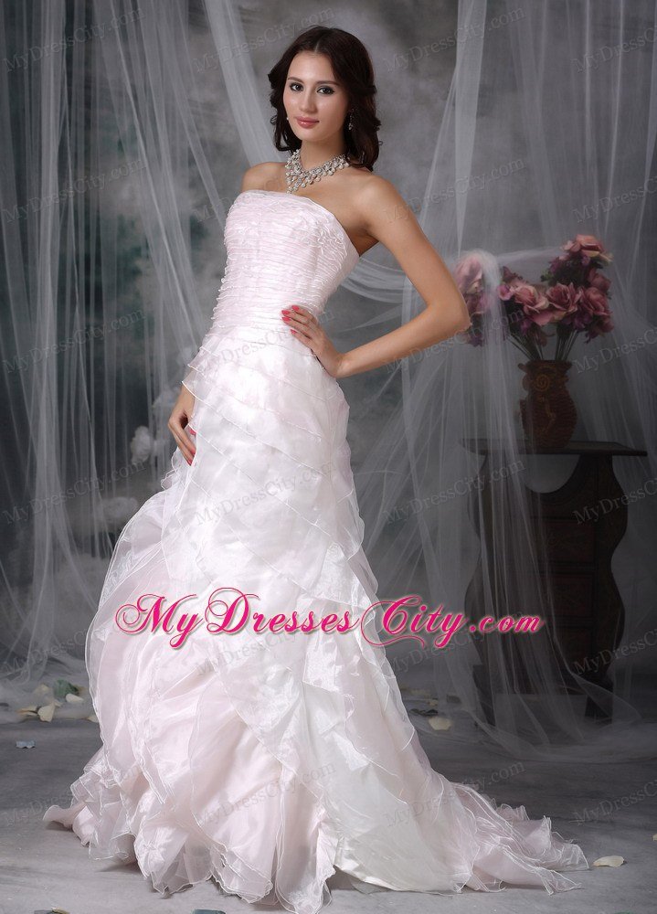 Cute A-line Strapless Brush Train Ruffled Pink Wedding Dress