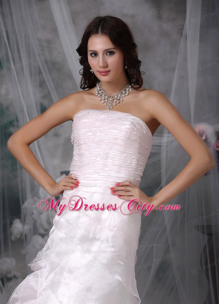 Cute A-line Strapless Brush Train Ruffled Pink Wedding Dress